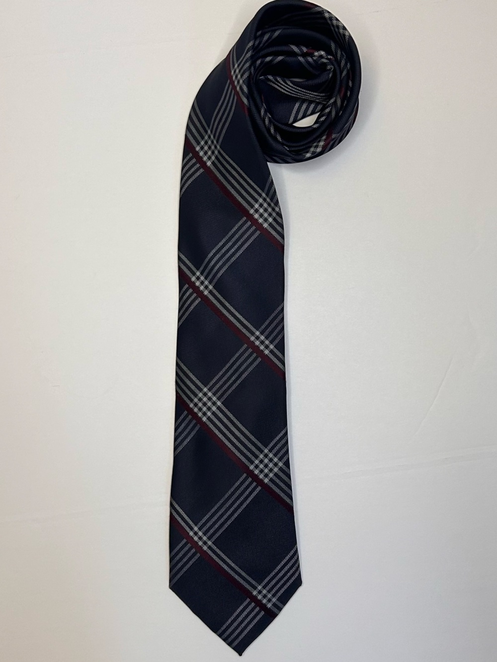 Michael Kors Navy Plaid Tie with Gray and Burgundy Stripes